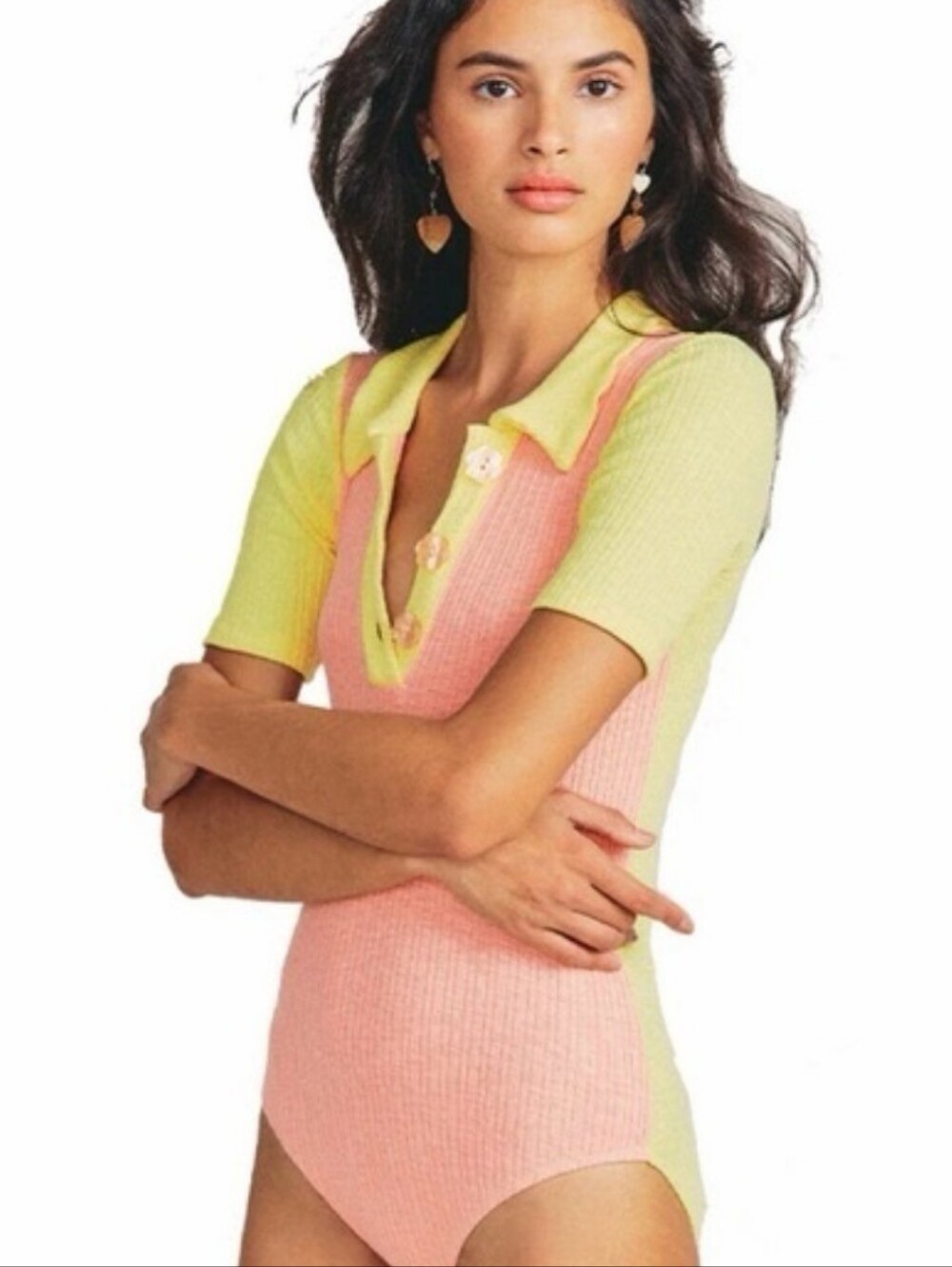 LoveShackFancy Lynx Pink Yellow Bodysuit Small Color block Henley Polo
